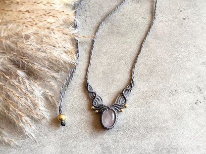 Crafted By Hand Macrame Necklace Oval Shape 15To20MM Approx Rose Quartz Gems Jewelry Awesome Necklace Gray Color Threads Bezel Set For Happy Birthday Gift Women Jewelry