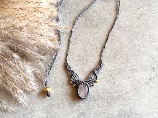 Crafted By Hand Macrame Necklace Oval Shape 15To20MM Approx Rose Quartz Gems Jewelry Awesome Necklace Gray Color Threads Bezel Set For Happy Birthday Gift Women Jewelry