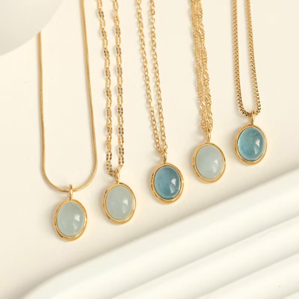 Aquamarine Gemstone 10X12MM Oval Shape Necklace Bezel Setting With Chain Necklace 925 Sterling Silver Gold Necklace Anniversary Gift's Women and girl Jewelry For Her