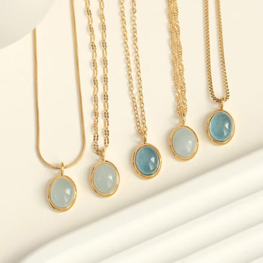 Aquamarine Gemstone 10X12MM Oval Shape Necklace Bezel Setting With Chain Necklace 925 Sterling Silver Gold Necklace Anniversary Gift's Women and girl Jewelry For Her