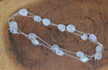 Natural Rainbow Moonstone Bezel Set Station Necklace | Hari Om