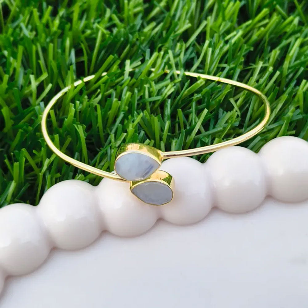 Adjustable Brass Rose Quartz Bangle | Pear Bezel Set
