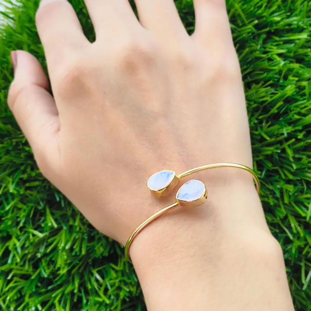 Adjustable Brass Rose Quartz Bangle | Pear Bezel Set