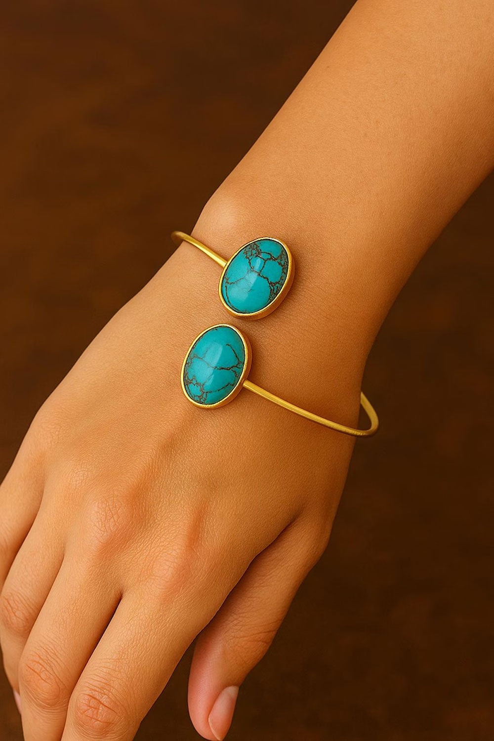 Handmade Adjustable Brass Bangle with Oval Gemstone