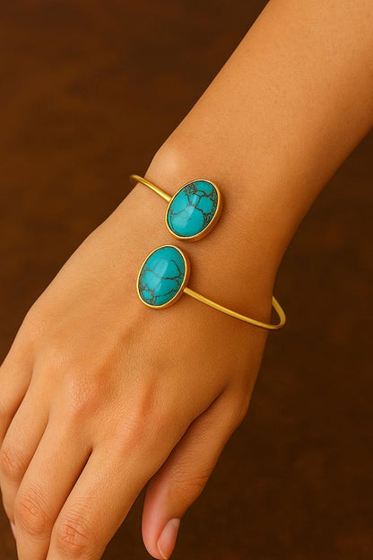 Handmade Adjustable Brass Bangle with Oval Gemstone