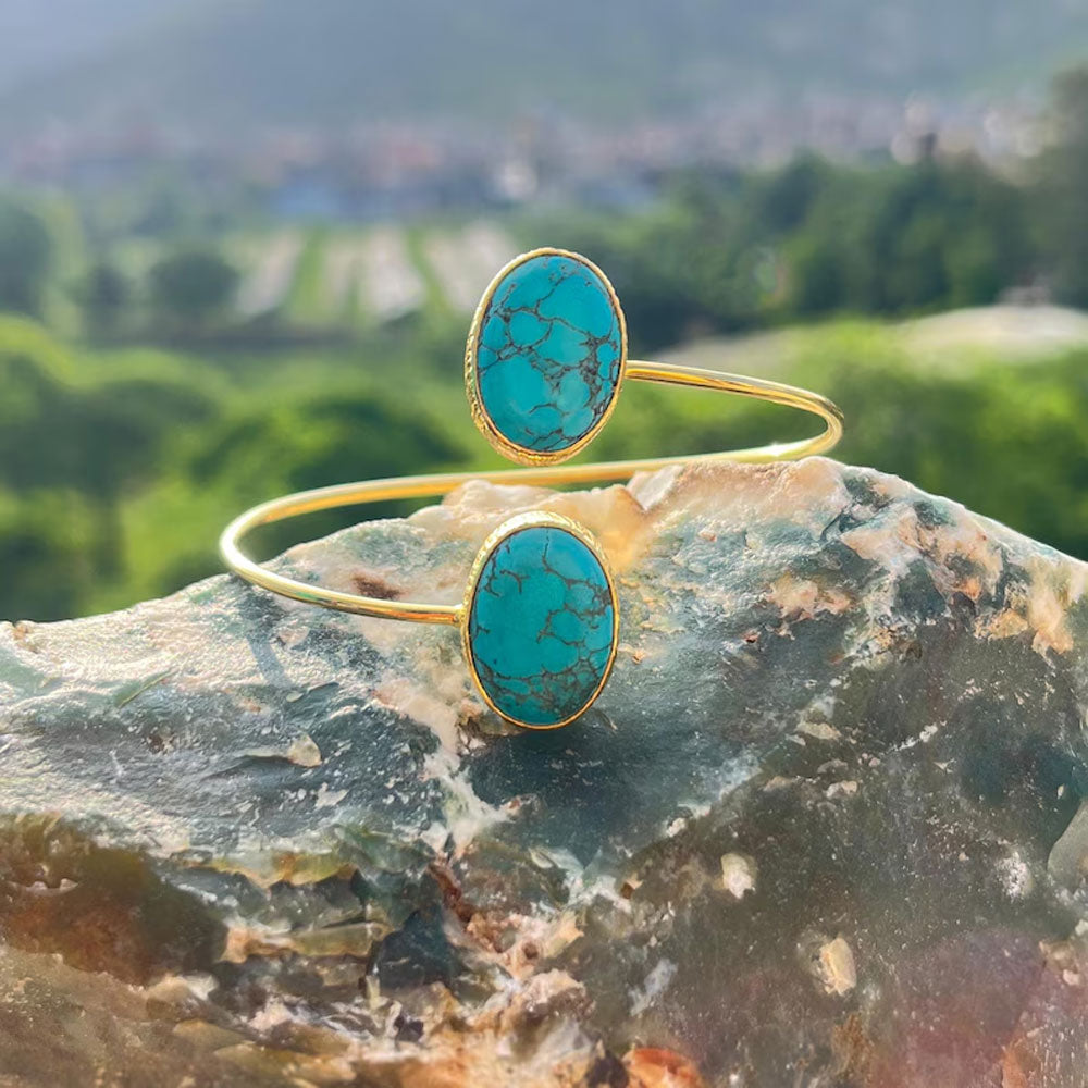 Handmade Adjustable Brass Bangle with Oval Gemstone