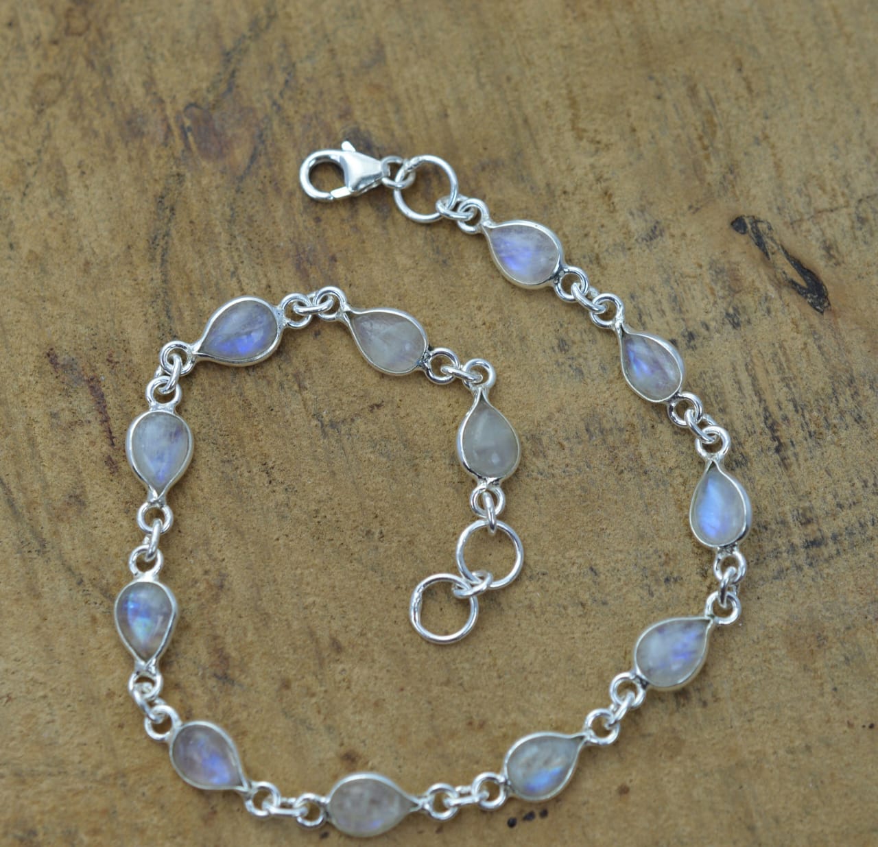 Natural Rainbow Moonstone Teardrop Silver Bracelet | Hari Om