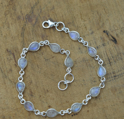Natural Rainbow Moonstone Teardrop Silver Bracelet | Hari Om