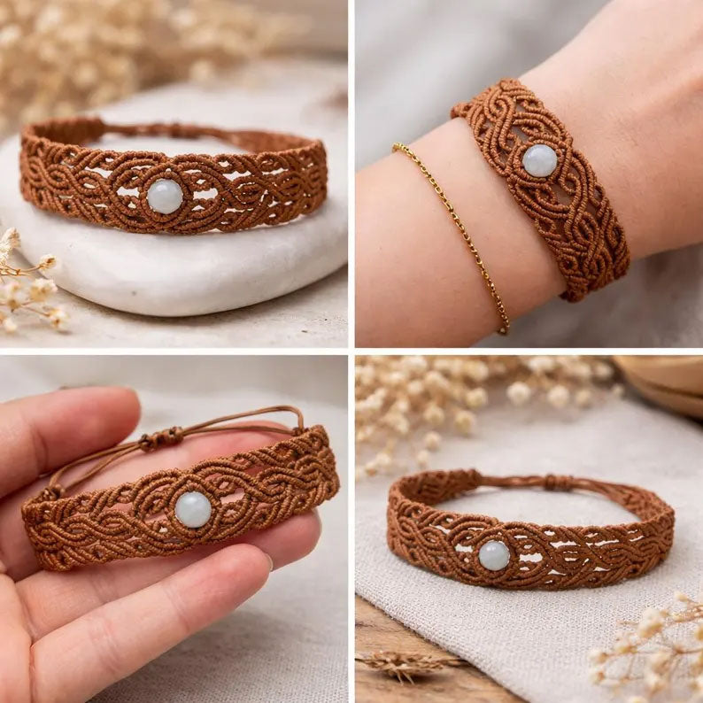 Brown Macrame Bracelet with Moonstone | Handcrafted Boho Style