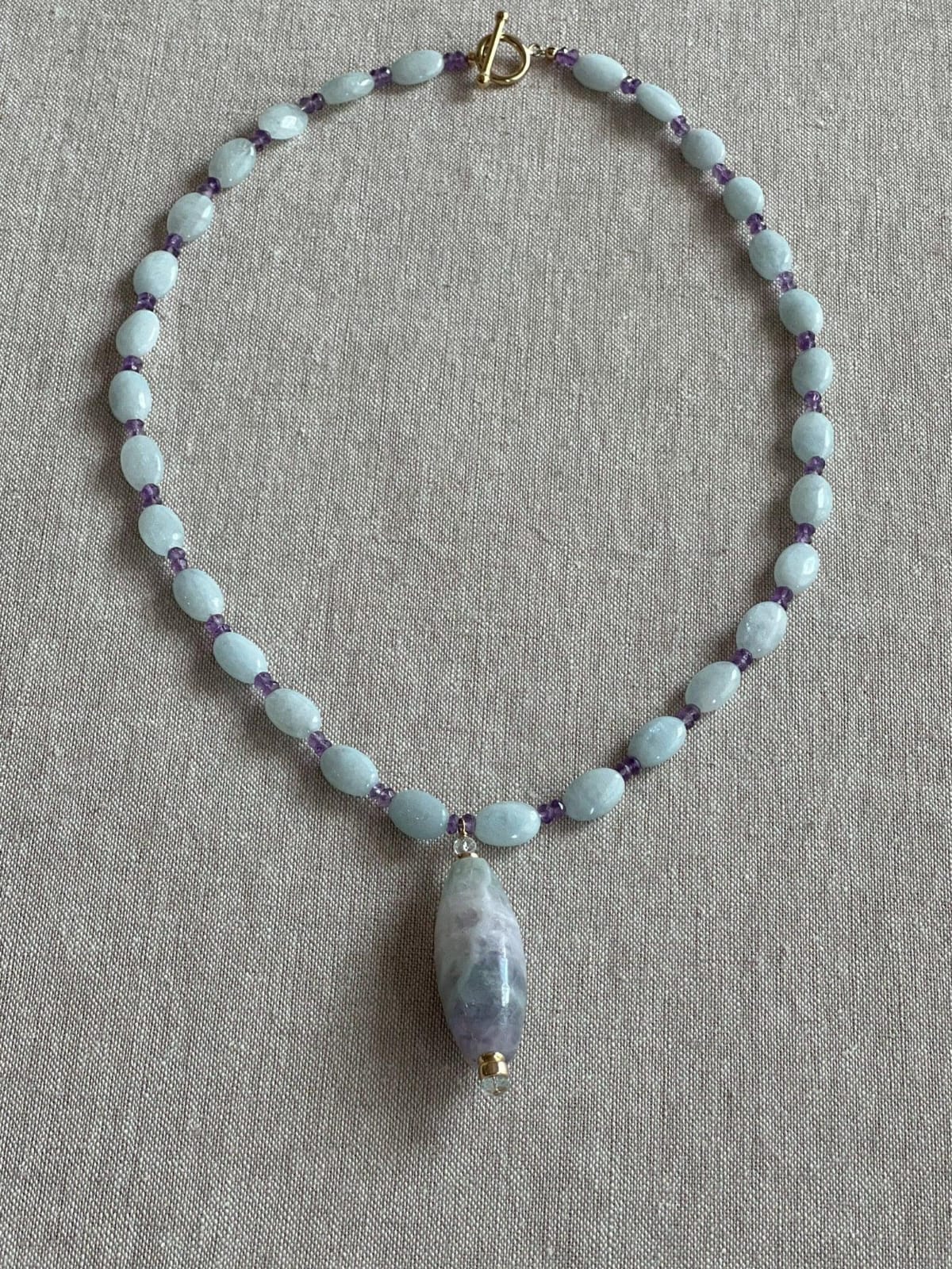 Aquamarine & Amethyst Necklace with Fluorite Pendant | Hari Om