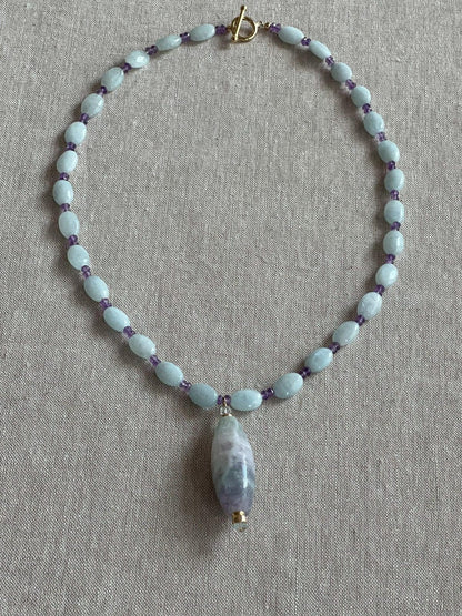 Aquamarine & Amethyst Necklace with Fluorite Pendant | Hari Om