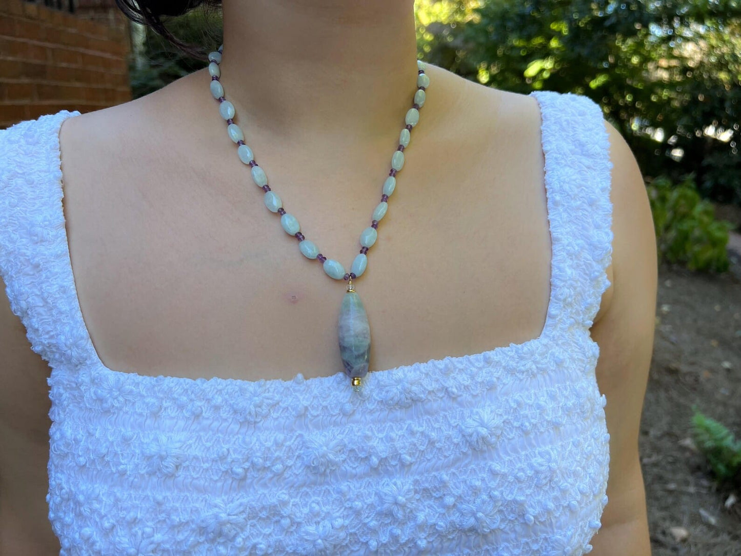 Aquamarine & Amethyst Necklace with Fluorite Pendant | Hari Om