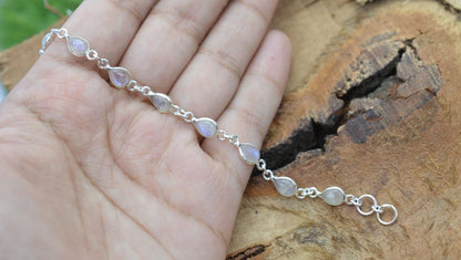 Natural Rainbow Moonstone Teardrop Silver Bracelet | Hari Om