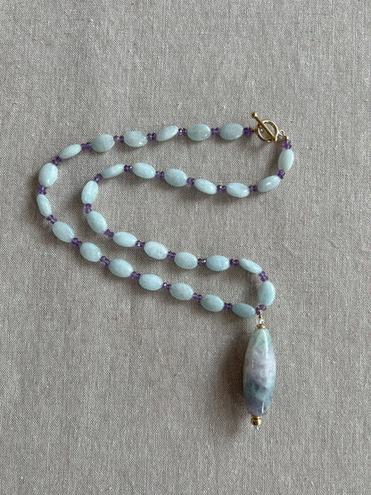 Aquamarine & Amethyst Necklace with Fluorite Pendant | Hari Om