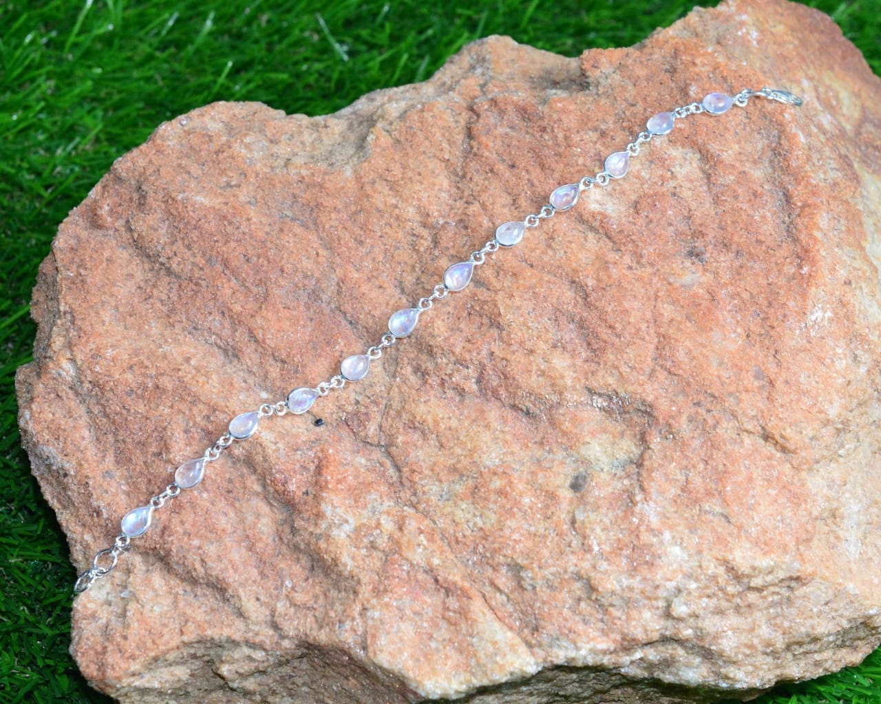 Natural Rainbow Moonstone Teardrop Silver Bracelet | Hari Om