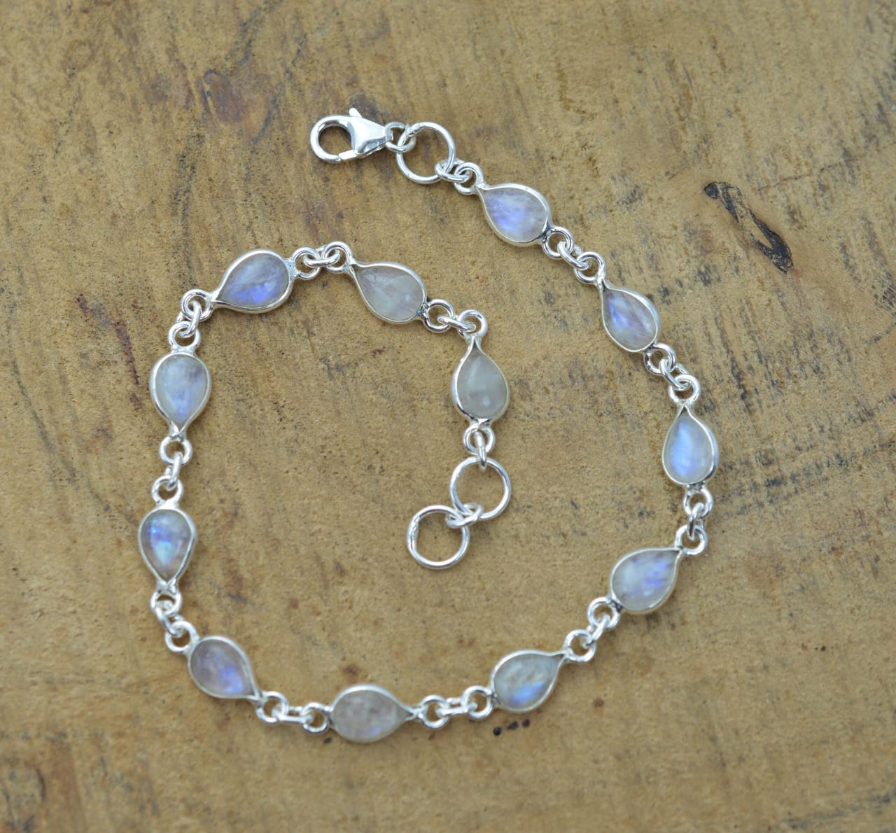 Natural Rainbow Moonstone Teardrop Silver Bracelet | Hari Om