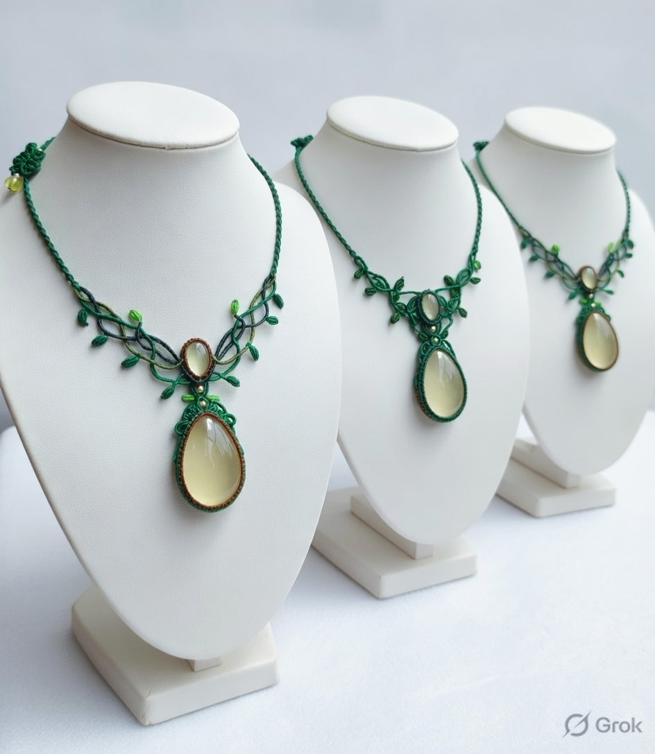 Green Macrame Necklace with Gemstone | Artisan Jewelry | Hari Om Creations
