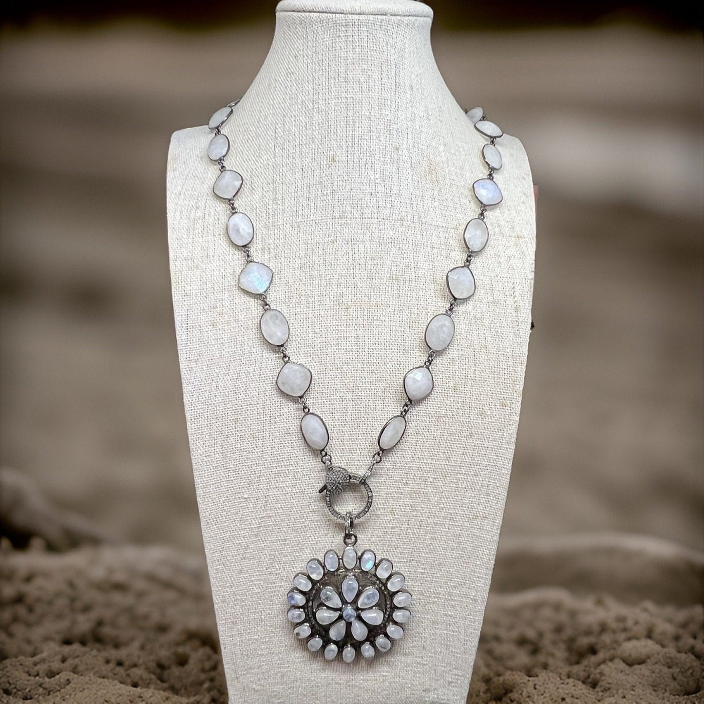 Natural Moonstone Bezel Set Station Necklace | Hari Om Creations