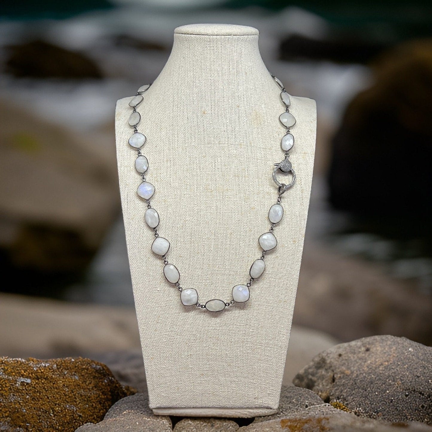 Natural Moonstone Bezel Set Station Necklace | Hari Om Creations