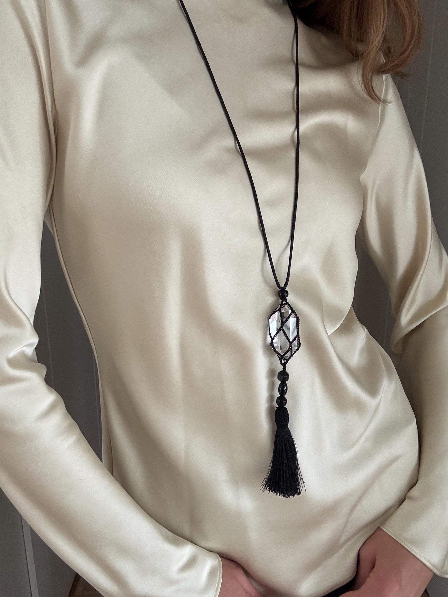 Handcrafted Clear Crystal Tassel Pendant Necklace