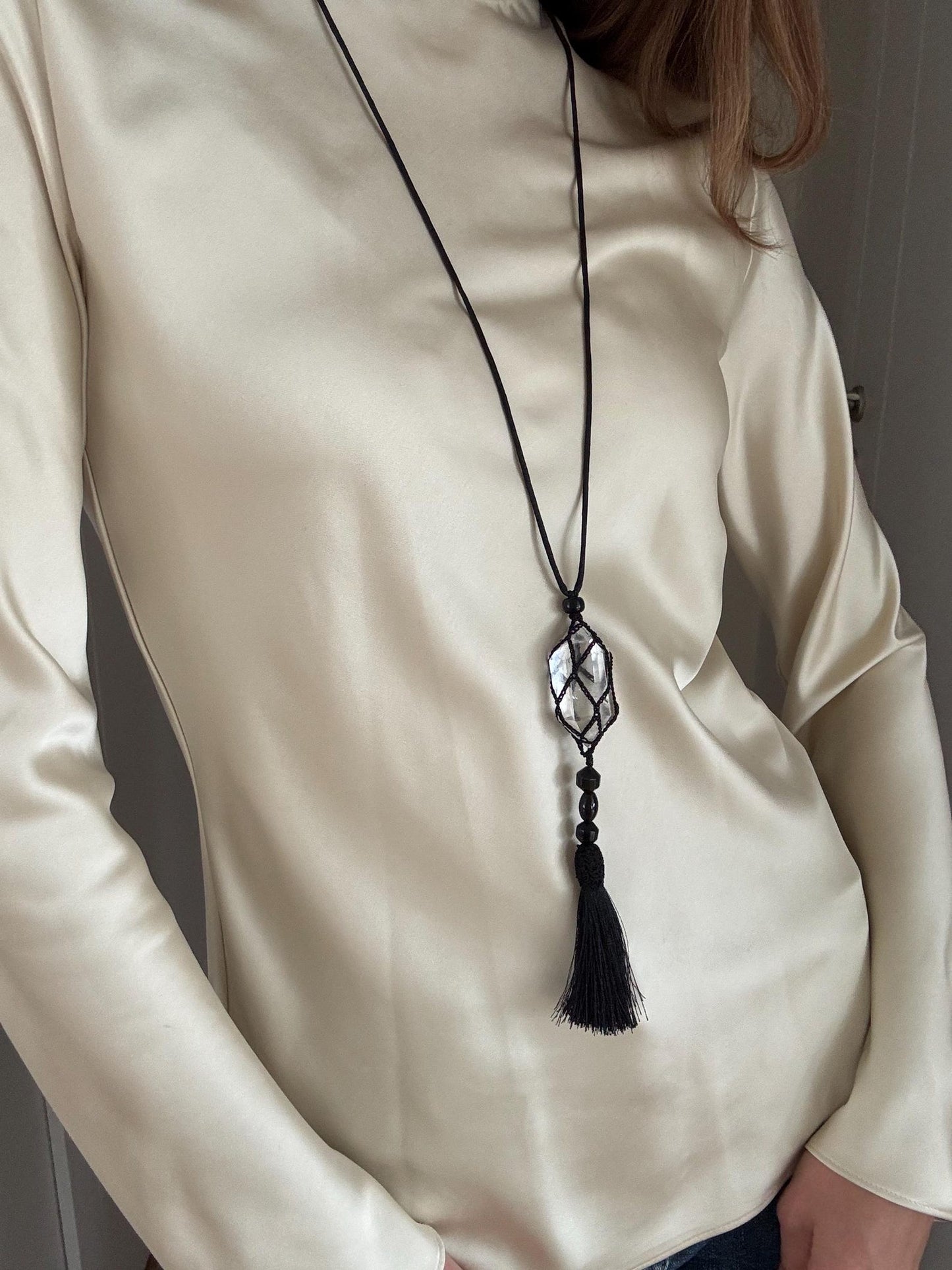 Handcrafted Clear Crystal Tassel Pendant Necklace
