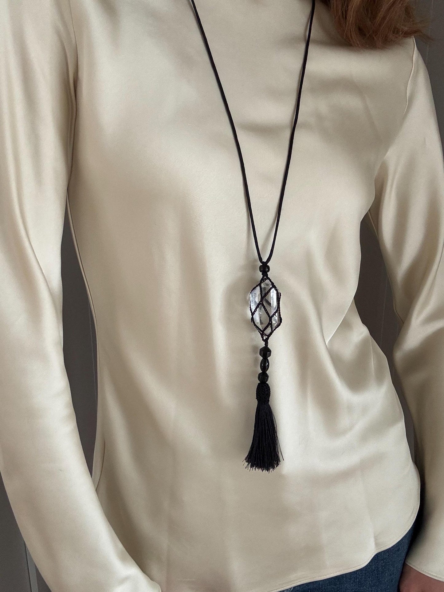 Handcrafted Clear Crystal Tassel Pendant Necklace