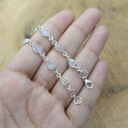 Natural Rainbow Moonstone Teardrop Silver Bracelet | Hari Om