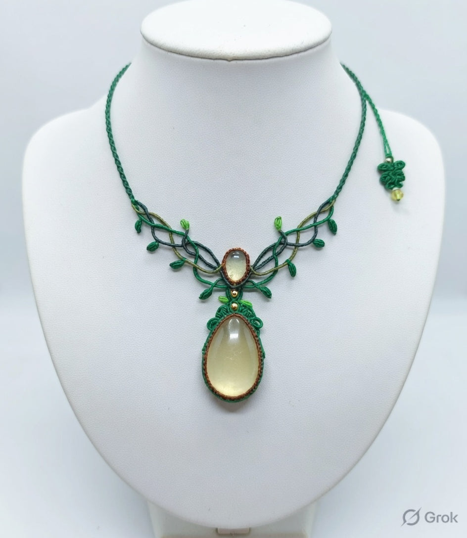 Green Macrame Necklace with Gemstone | Artisan Jewelry | Hari Om Creations