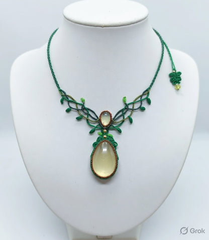 Green Macrame Necklace with Gemstone | Artisan Jewelry | Hari Om Creations
