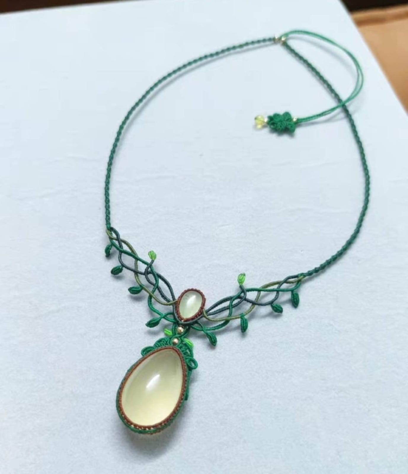 Green Macrame Necklace with Gemstone | Artisan Jewelry | Hari Om Creations