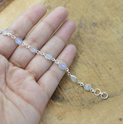 Natural Rainbow Moonstone Teardrop Silver Bracelet | Hari Om