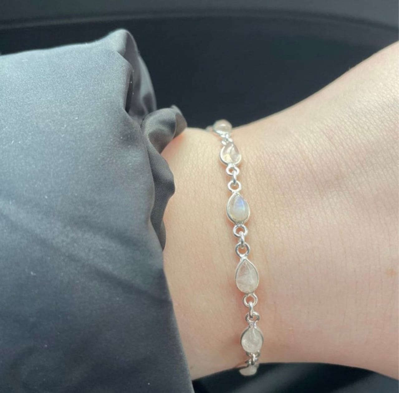 Natural Rainbow Moonstone Teardrop Silver Bracelet | Hari Om