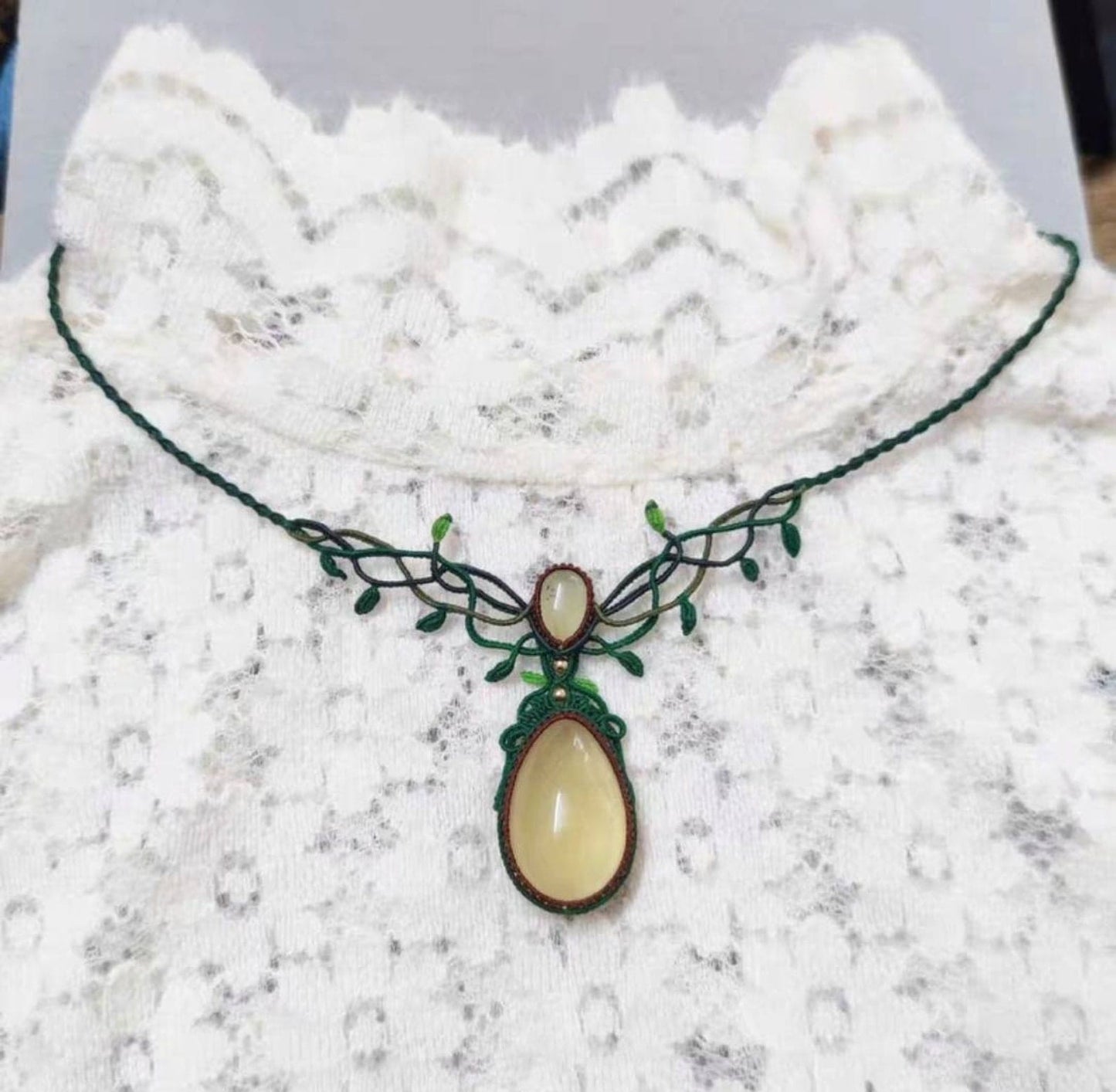 Green Macrame Necklace with Gemstone | Artisan Jewelry | Hari Om Creations