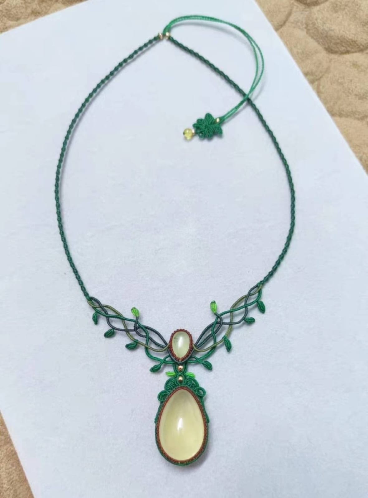 Green Macrame Necklace with Gemstone | Artisan Jewelry | Hari Om Creations
