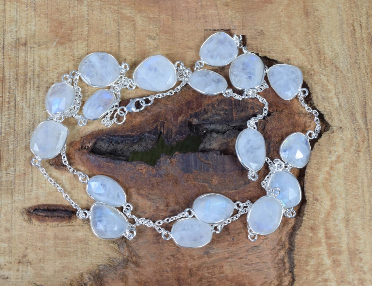 Natural Rainbow Moonstone Bezel Set Station Necklace | Hari Om