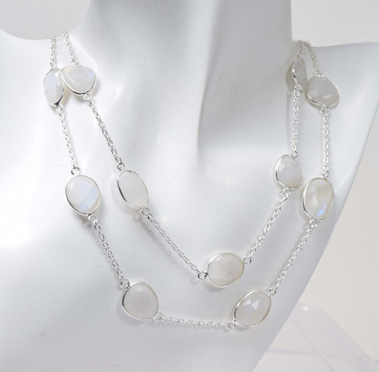 Natural Rainbow Moonstone Bezel Set Station Necklace | Hari Om