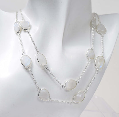 Natural Rainbow Moonstone Bezel Set Station Necklace | Hari Om