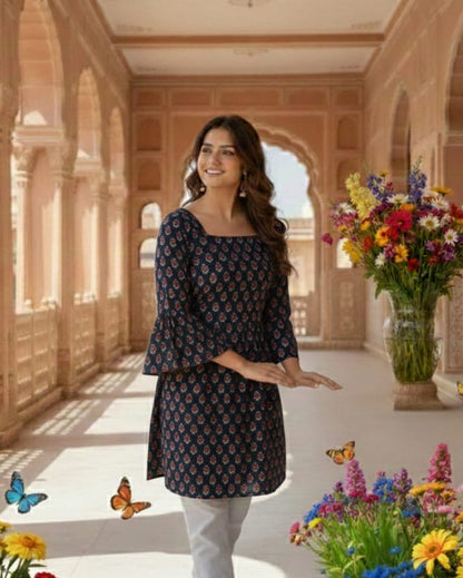 Ethnic Red Floral Tunic for Women | Festive Cotton Kurti Top