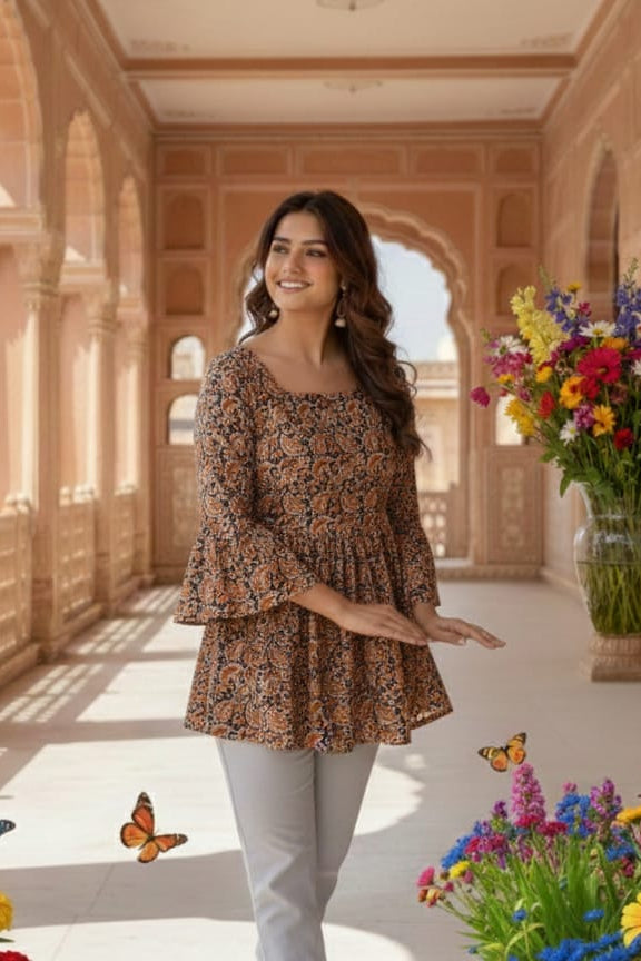 Ethnic Red Floral Tunic for Women | Festive Cotton Kurti Top