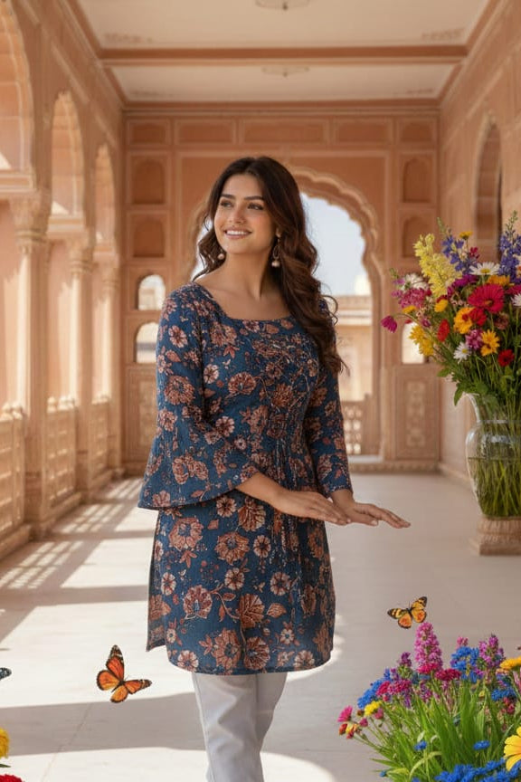 Ethnic Red Floral Tunic for Women | Festive Cotton Kurti Top