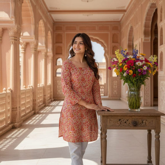 Ethnic Red Floral Tunic for Women | Festive Cotton Kurti Top