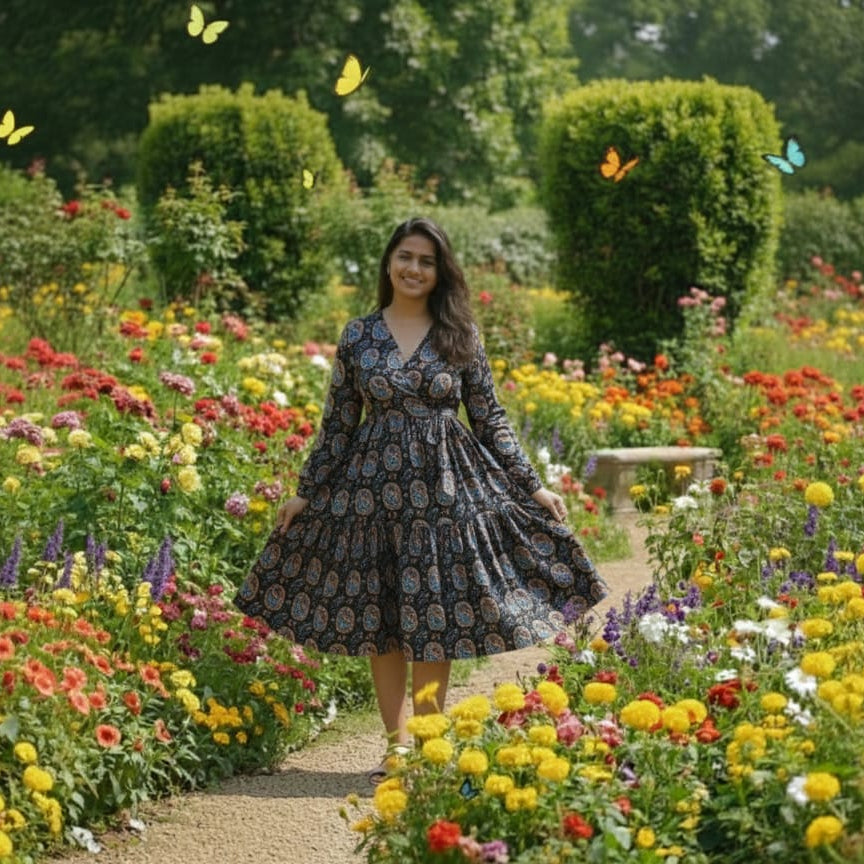 Floral V-Neck Wrap Midi Dress - Bloom Print Long Sleeve Cotton Dress