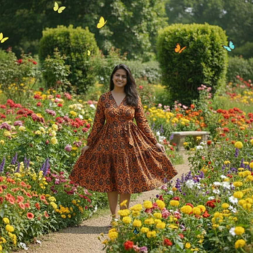 Floral V-Neck Wrap Midi Dress - Bloom Print Long Sleeve Cotton Dress