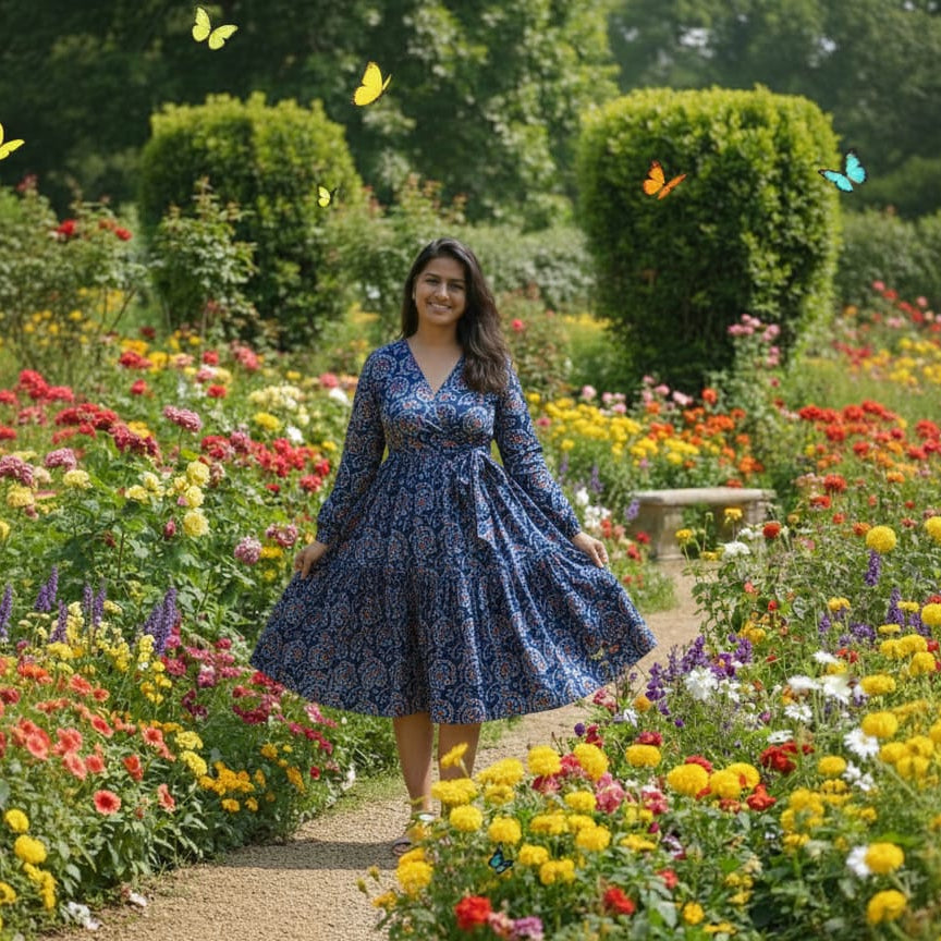 Floral V-Neck Wrap Midi Dress - Bloom Print Long Sleeve Cotton Dress