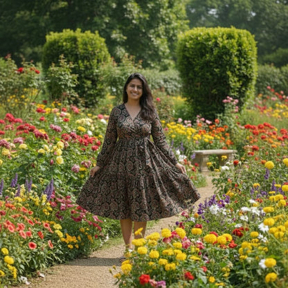 Floral V-Neck Wrap Midi Dress - Bloom Print Long Sleeve Cotton Dress