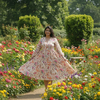 Floral V-Neck Wrap Midi Dress - Bloom Print Long Sleeve Cotton Dress