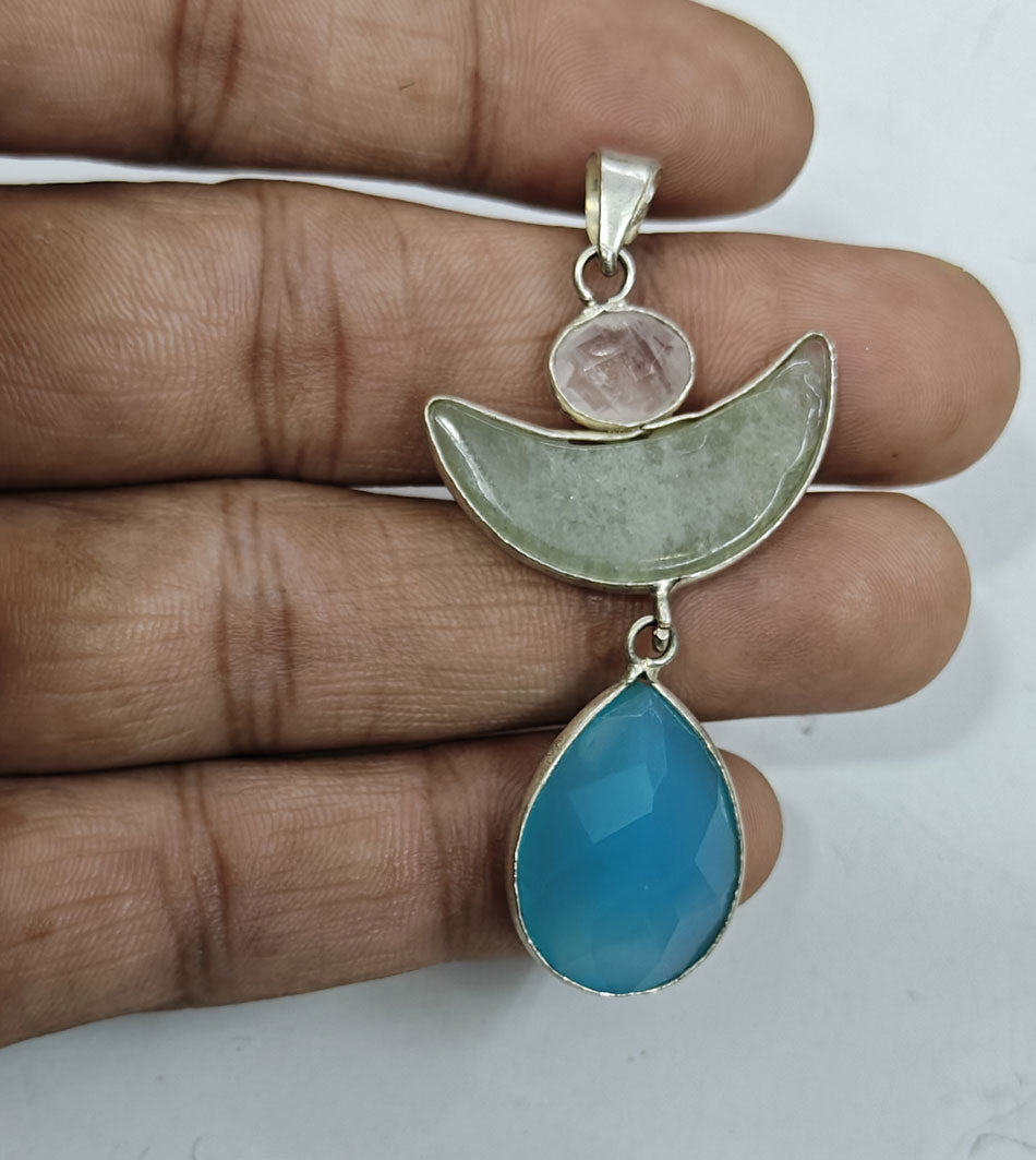 Handmade Triple Stone Size 14mm 12mm 8mm Square Pear Round Shape Pendant Mix Gemstone Pendant Bezel Setting 925 Sterling Silver Pendant Anniversary Gift for Wife For Her