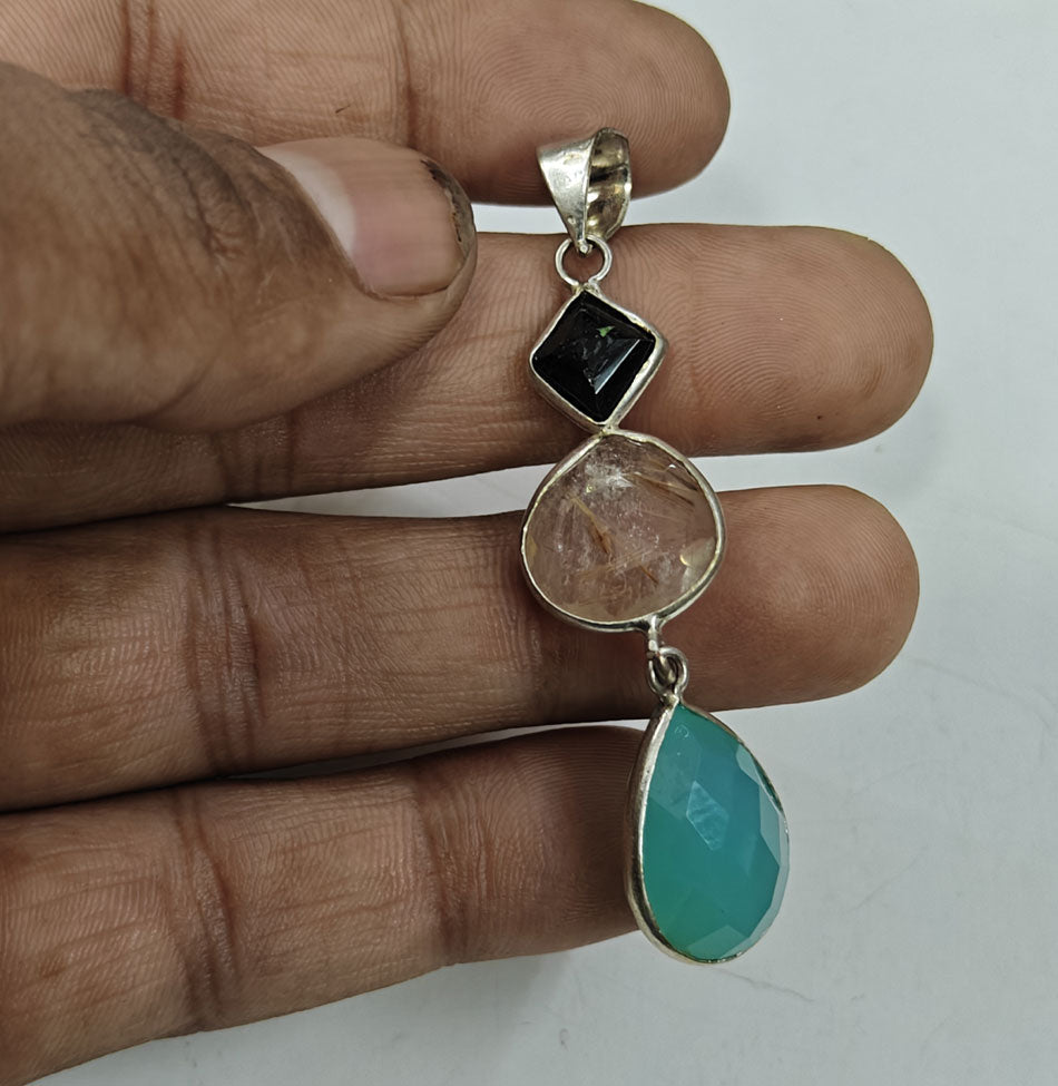 Handmade Triple Stone Size 14mm 12mm 8mm Square Pear Round Shape Pendant Mix Gemstone Pendant Bezel Setting 925 Sterling Silver Pendant Anniversary Gift for Wife For Her