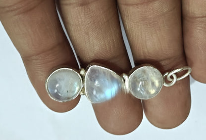 Awesome Handmade Triple Stone Size 10MM 12MM Round Triangle Shape Rainbow Moonstone Gemstone Pendant Bezel Setting 925 Sterling Silver Pendant For Happy Birthday Gift Pendant