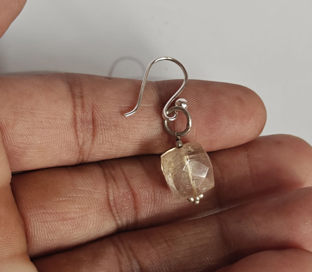 Handmade 925 Sterling Silver Dangle Pair Earrings 10MM Lemon Quartz Cut Gemstone Earring Drilled Set For Women or Girls Jewelry